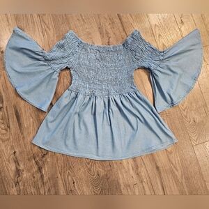 Women's XL Blue Denim Smocked Ruffled 3/4 Bell‎ Sleeve Blouse Milkmaid Peasant